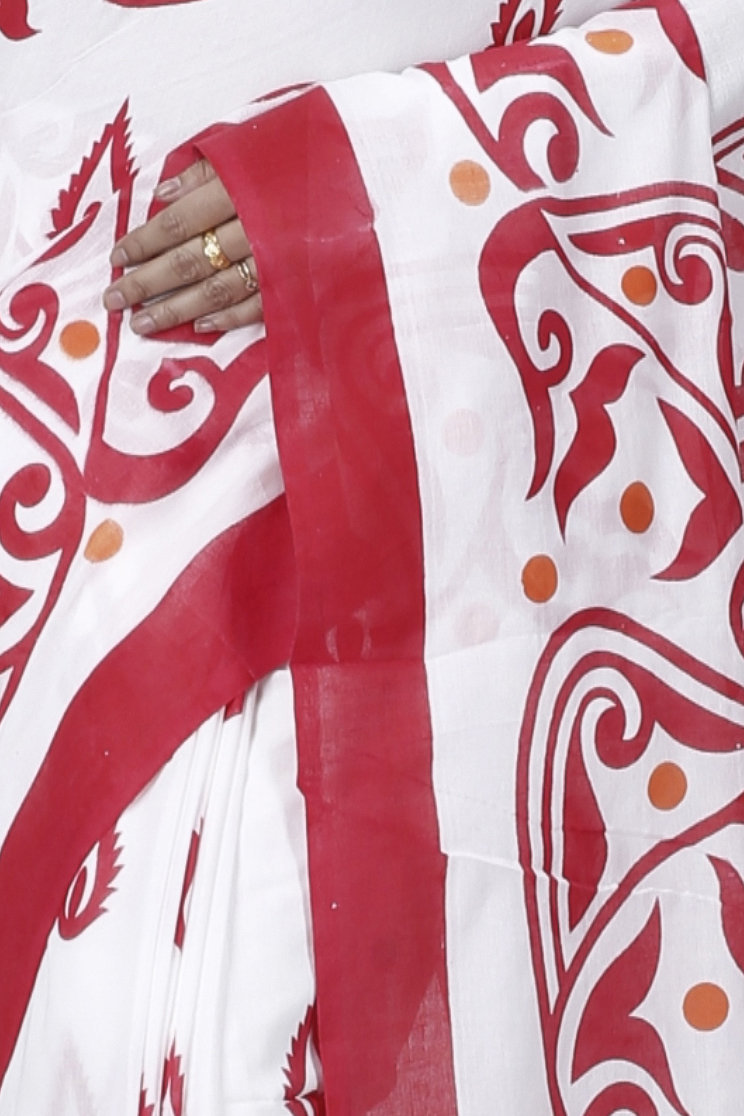 Red White Pure Cotton Teba Printed Handloom Saree (1262)